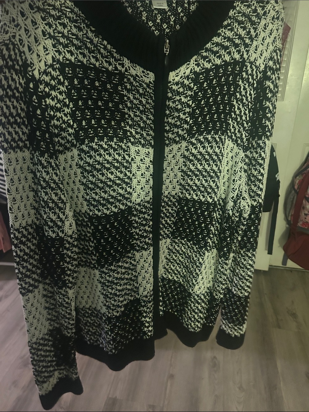 CJ Banks Black and White Knit Bomber Jacket
